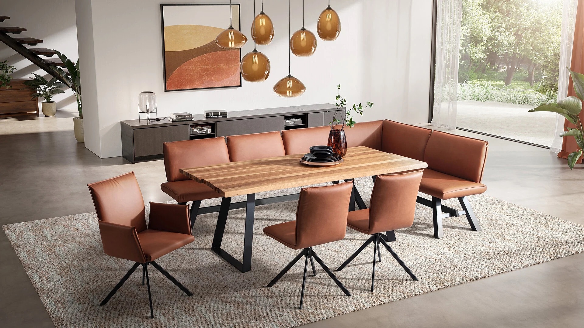 Schösswender Arbon Eckbankgruppe in Cognac-Leder mit Esstisch und Drehstühlen